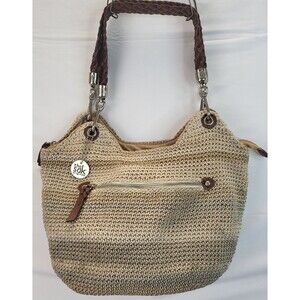 The Sak Original Indio Crochet Boho Retro Knit Shoulder Bag Purse Leather Straps